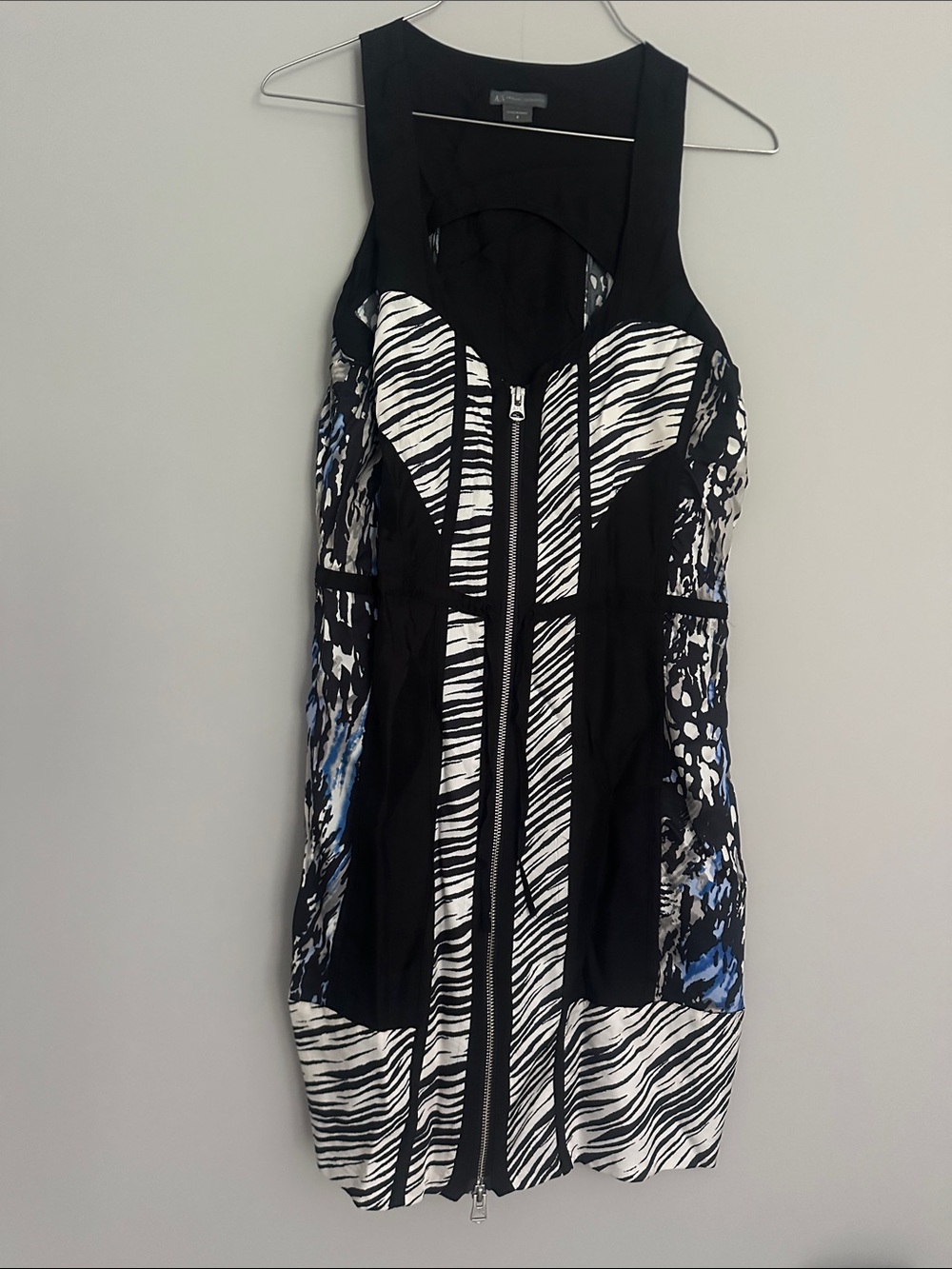 Armani Exchange Black, White & Blue Zebra-Print Zip-Front Mini Dress